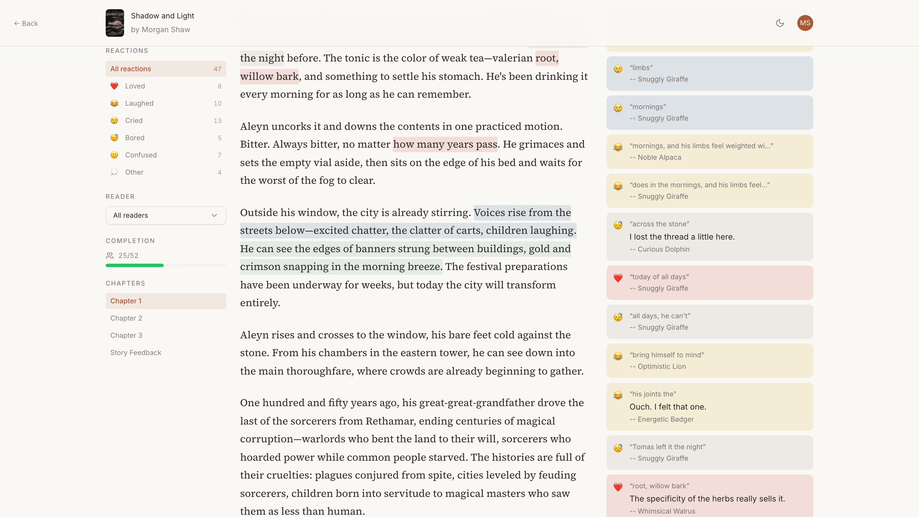 ReaderBeat feedback view showing inline reader reactions on manuscript